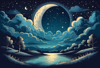 Wall Mural - Night starry sky with full moon and cloud, sketch vintage illustration