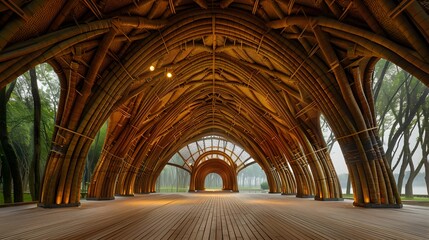 Bamboo pavilion with an arched roof design, showcasing intricate bamboo craftsmanship and eco-friendly architecture in a serene setting.
