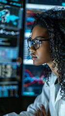 Poster - A woman wearing glasses is looking at a computer screen with multiple monitors