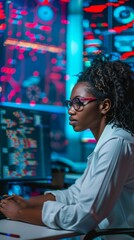 Poster - A woman is sitting at a computer with her hair pulled back and wearing glasses