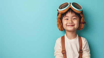 A cute happy smiling young Southeast Asian boy dresses like a pilot wearing aviator hat, ear muff and goggles on a plain blue background with copy space for text.