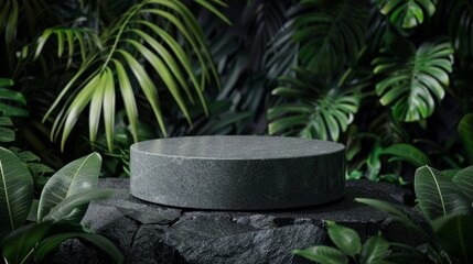 Wall Mural - A round gray stone pedestal stands empty, framed by tropical leaves in this mockup. The natural setting is perfect for displaying and advertising cosmetics products.