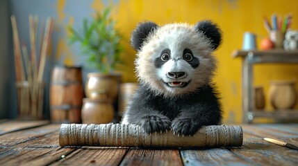 Wall Mural -   A panda bear sits atop a wooden board on a wooden floor next to a potted plant