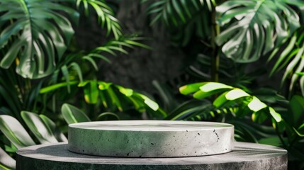 Wall Mural - A round gray stone podium stands elegantly against a backdrop of lush tropical leaves, creating the perfect natural setting to display cosmetics products. This mockup highlights the empty pedestal