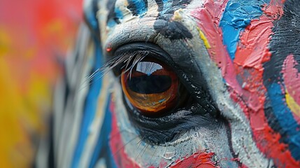 Poster -   A close-up of a horse's eye with vibrant paint on its face, showcasing the beauty of the animal's unique features