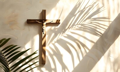 Wall Mural - A wooden crucifix casts a shadow of palm leaves , Generative AI