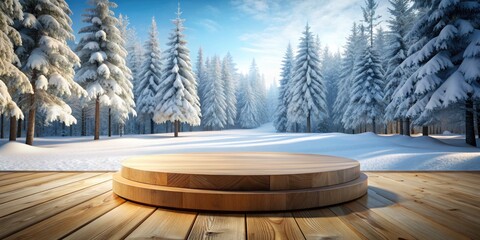 Poster - Wooden Platform in Snowy Winter Forest Clearing