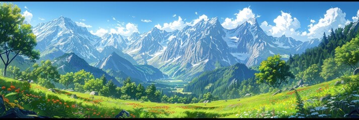 green valley with high mountains in the background, anime style.