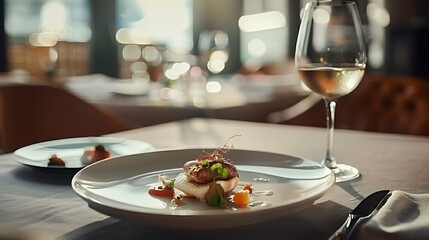 cuisine food dish in a very atmospheric restaurant setting with bright daylight and wine on the table