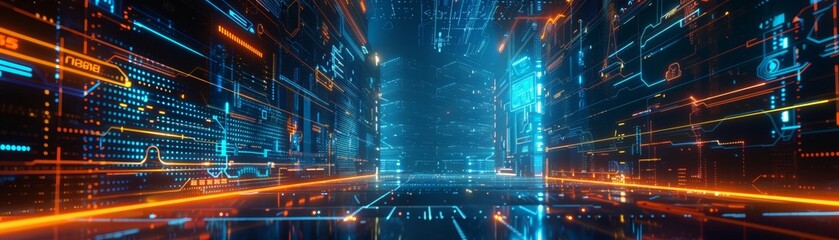 Poster - Urban architecture modern illustration with neon light effects. Modern hi-tech, science, futuristic technology concept. Abstract digital high tech city background design for banners.