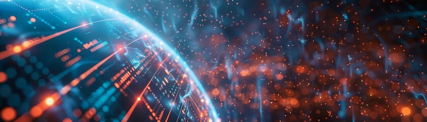 Poster - The image shows an animated 3D rendering of a digital tablet and a city wireframe in bright blue and white colors particles, with the sphere particle line emerging from the particle line. The image