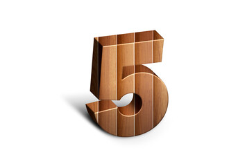 3d Wood Numbers, Alphabet Number Five made of wood material, high-resolution image of 3d font, ready to use for graphic design purposes