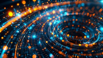 Poster - Background with illuminated fiber optic connections, quantum computing networks, and electronic global intelligence.