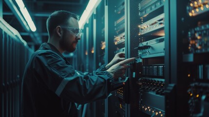 Poster - In a big data center, an IT engineer puts hard drives into a rack server cabinet on a crash cart.