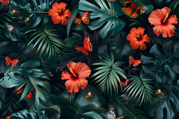 Wall Mural - seamless tropical wallpaper with flowers leaves butterflies floral pattern with hibiscus dark vintage botanical background premium 3d illustration luxury design for wallpaper paper clothing AI