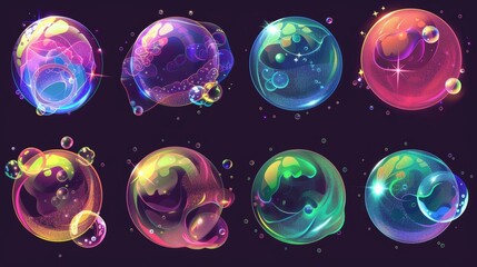 Poster - Modern illustration set of deforming and exploding transparent air spheres of rainbow colors, realistic transparent spheres with reflections and highlights, isolated modern illustrations.