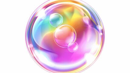 Wall Mural - Wind-deformed soap bubble, realistic modern illustration. Rainbow air spheres with reflections and highlights in initial stage of explosion, isolated on white.