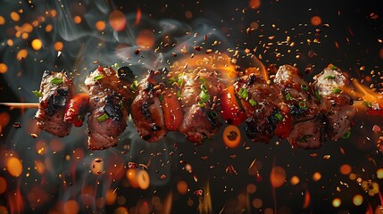 realistic closeup of a shashlik, exploded view, in style of commercial food photography