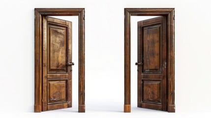 Two brown wooden doors, one open and one closed, cut out