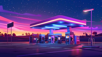 An oil station at night. A noctidial people refueling car service. Petrol shop and market buildings, pump hoses, fuel selling for urban vehicles, gas refill, cartoon modern illustration.