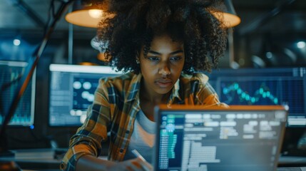 Aufkleber - A woman with curly hair is working on a laptop computer