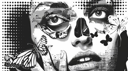 Modern illustration for vintage emo gothic banner, music poster. With eyes, mouth, hand, head, butterfly and skull in halftone.