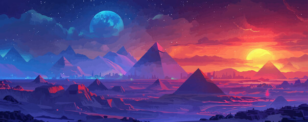 Wall Mural - Futuristic landscape with views of the pyramids and the city. vector simple illustratio