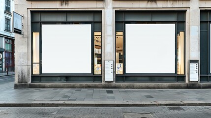 Poster - Blank white posters on an exterior of a store, street view, concept of advertising space. Stock AI.