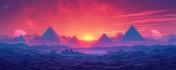 Wall Mural - Futuristic landscape with views of the pyramids and the city. Egypt. vector simple illustration