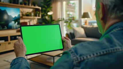Poster - A man sits at his desk using a green mockup screen digital tablet computer in landscape mode. In the background, a cozy living room can be seen in the background.