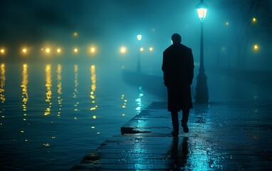 Wall Mural - A young man in a coat walking down a city street while rain falls around him