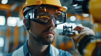 Poster - Close-up of an industrial engineer wearing a hard hat connecting two components he designed. Precision in mechanical engineering.