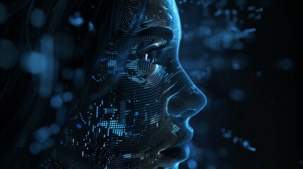 Poster - A portrait of a woman formed from abstract information symbols. A 3D illustration in dark black and blue colors.