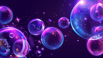 Poster - Transparent soap bubbles on abstract background with neon light reflections on black background, modern illustration.