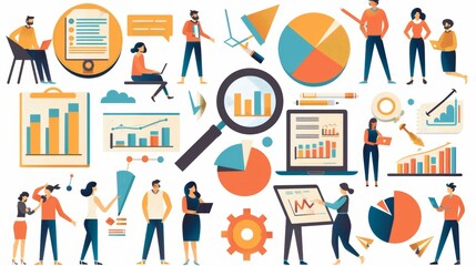 Poster - Characters depicting a creative analytics team isolated on white background. Researching with magnifier, drawing with marker, preparing presentation, or using laptop.
