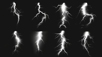 Wall Mural - Realistic modern set of white electric thunder impacts isolated on black background, sprite sheets of lightning and thunderbolts.