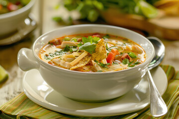 Wall Mural - Bowl of Chicken Tortilla Soup with Fresh Cilantro and Crispy Strips