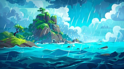Cartoon illustration of falling rain on Caribbean sea with danger rock on skyline. Modern background of blue scary waves for nautical adventure game.