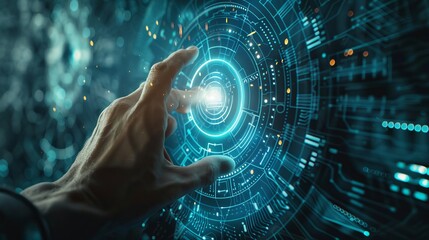 Poster - Futuristic Artificial Intelligence is activated by a human finger pushing a touch screen button. This visualization combines machines, machines learning, AI, and computer technology.
