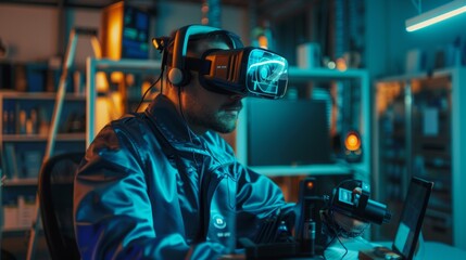 Poster - An engineer in 3D content creation wears a virtual reality headset and works with augmented reality. A stylish low angle portrait shot was taken.