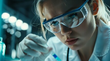 Wall Mural - Wearing white coat and safety glasses, female medical scientist uses micropipette to examine samples. Innovative, experimental drugs research, biotech development in high-tech laboratory.