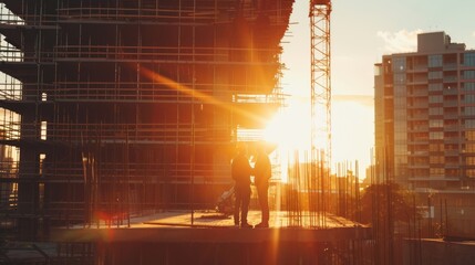 Poster - Construction Site with Civil Engineer, Architect, Business Finance Investor discussing Planning and Development Details. Warm Sun Flare.