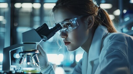 Poster - caucasian female scientist optimising petri dish sample under microscope. specialists working in adv