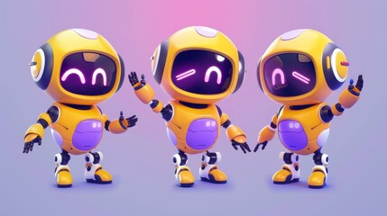 Wall Mural - AI robot cartoon illustration set in yellow and purple. Modern artificial intelligence mascot group and friendly companion.