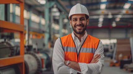 Poster - Stunning portrait of an Indian engineer wearing safety vest and hardhat smiling with crossed arms in a modern factory. CNC machines and robot arms adorn the factory.
