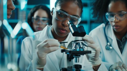Poster - Medical Science Laboratory: Shot of young scientists examining test samples under a microscope. This is an ambitious group of biotechnology specialists working with advanced equipment.