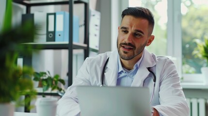 Poster - The beautiful multiethnic Latina manager talks to her doctor on the phone and asks her about her health on the video call.