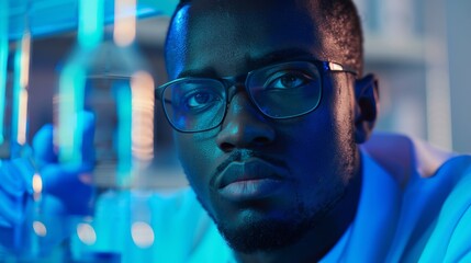 Sticker - Handsome Black Man Wearing Glasses Working Confidently on a Computer. Young Intelligent Male Engineer or Scientist Working in Laboratory. Bokeh Blue Background. Close-up Shot.