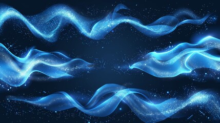 Poster - Isolated set of blue light waves with shimmery particles. Modern realistic illustration of fresh breeze whirlwind, magic power trail, and a cool breeze.