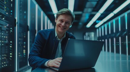 Poster - Businessman and e-Business entrepreneur using laptop computer in data center. Successful Businessman and E-Business Entrepreneur Overlooking Cloud Computing Server Farm.